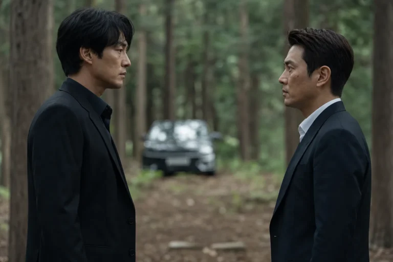 Tense forest showdown scene inspired by Agent Kim Reactivated finale preview