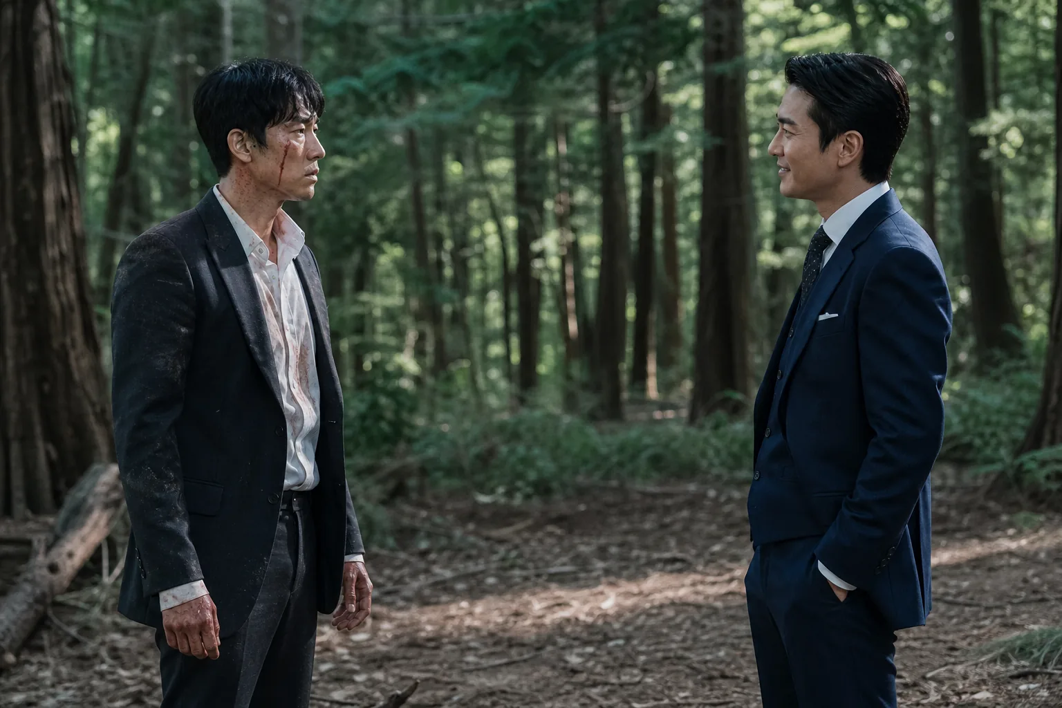 Dramatic Korean action drama confrontation in a secluded forest