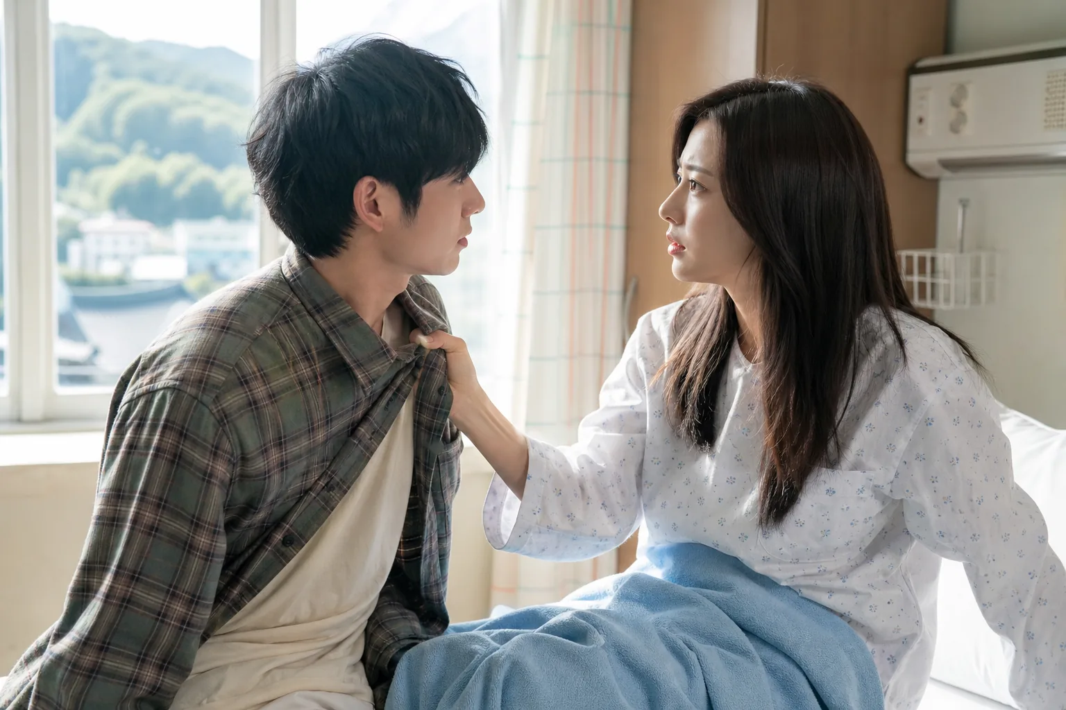 Korean drama poster concept with countryside romance and comedy tension