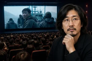 Movie theater audience watching a Korean thriller release