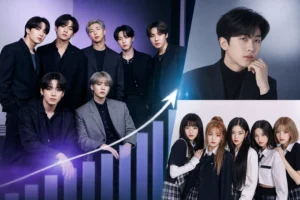 K-pop brand reputation ranking concept with stage lights and digital analytics