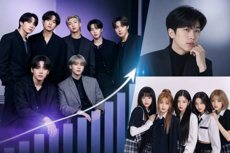 K-pop brand reputation ranking concept with stage lights and digital analytics