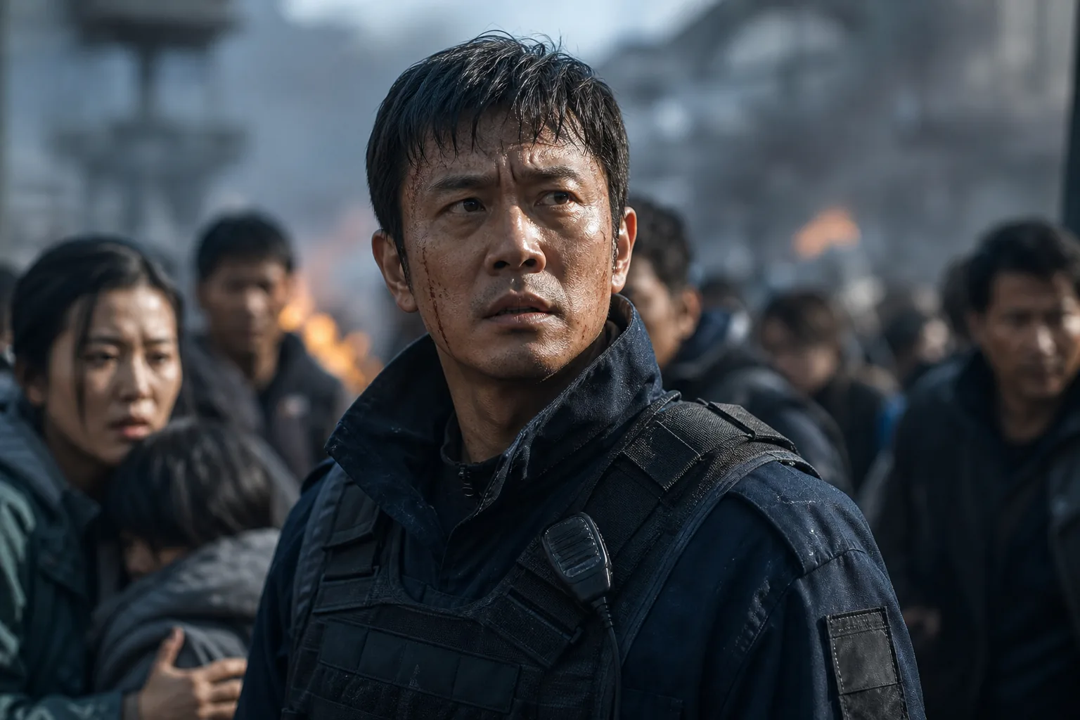 Movie theater audience watching a Korean sci-fi action thriller