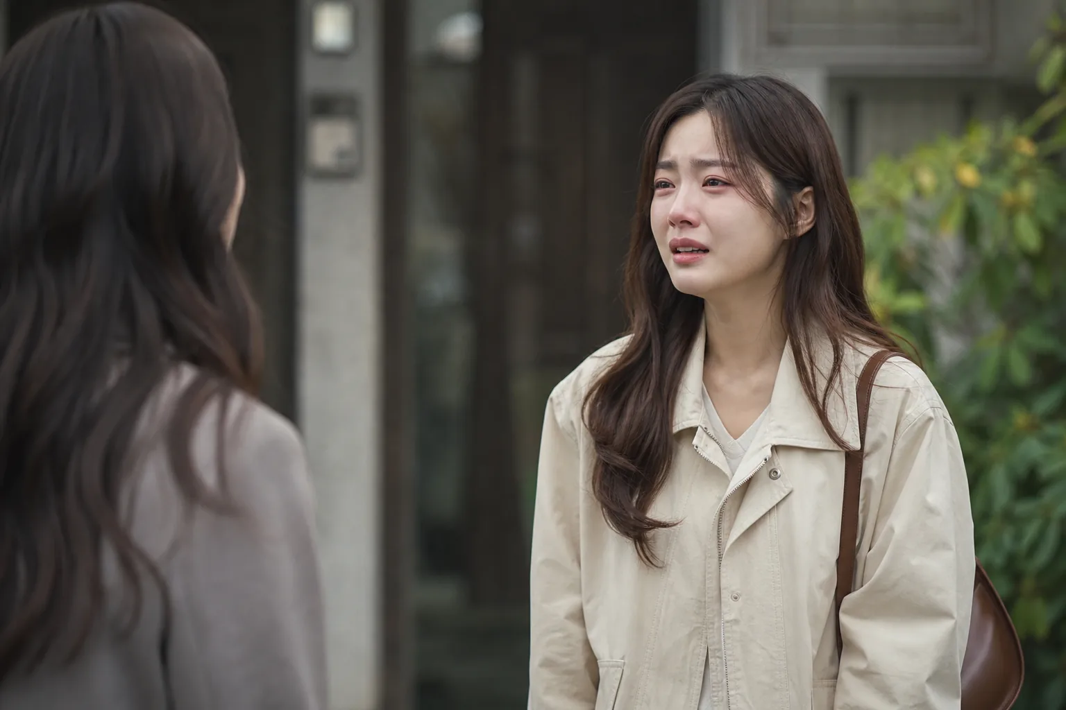 Emotional Korean drama scene outside a quiet home at night