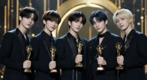 K-pop awards stage representing TXT leading the KM Chart Awards 2026 winners
