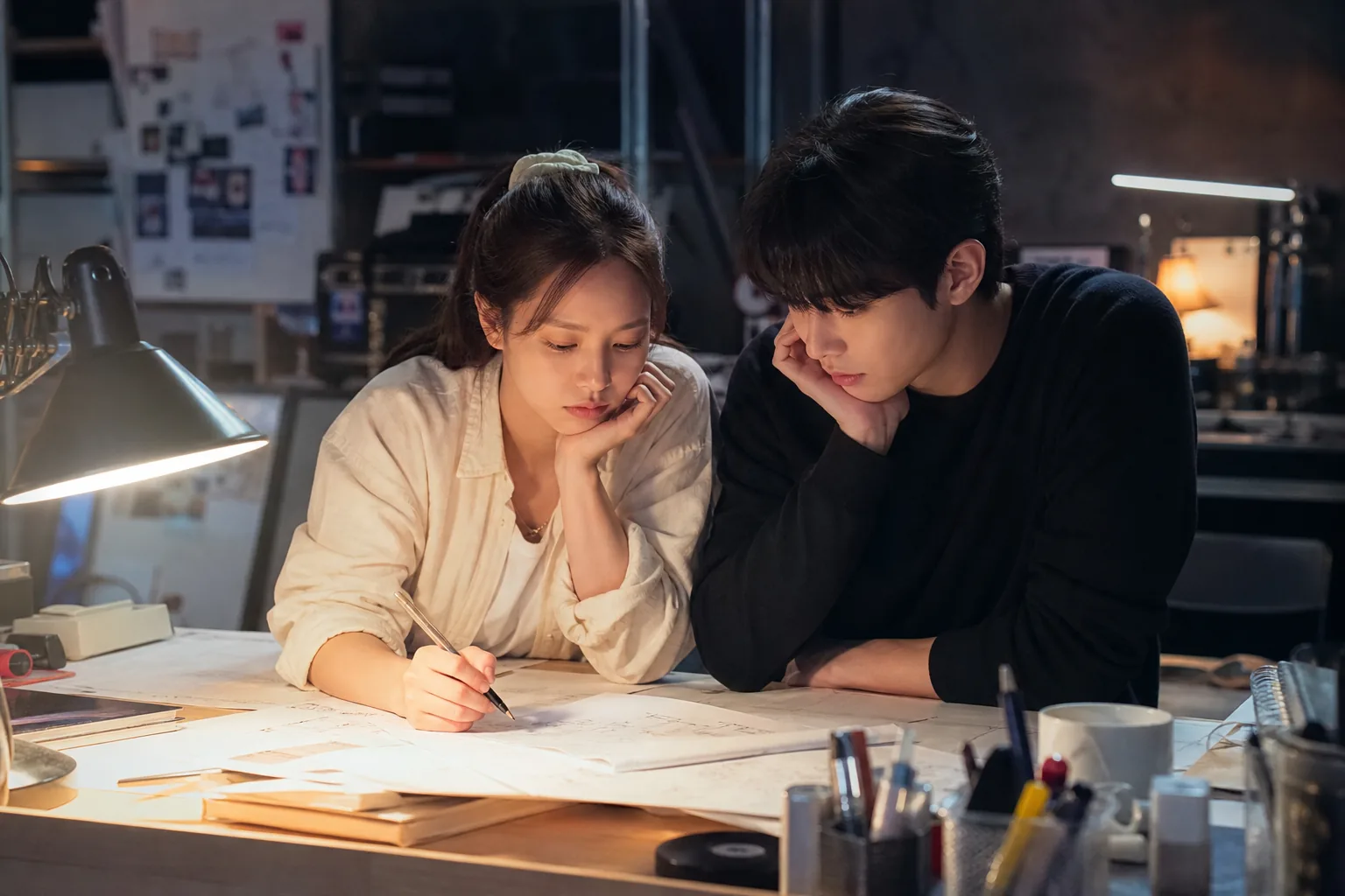 Screenwriting workspace showing a K-drama creative partnership under pressure