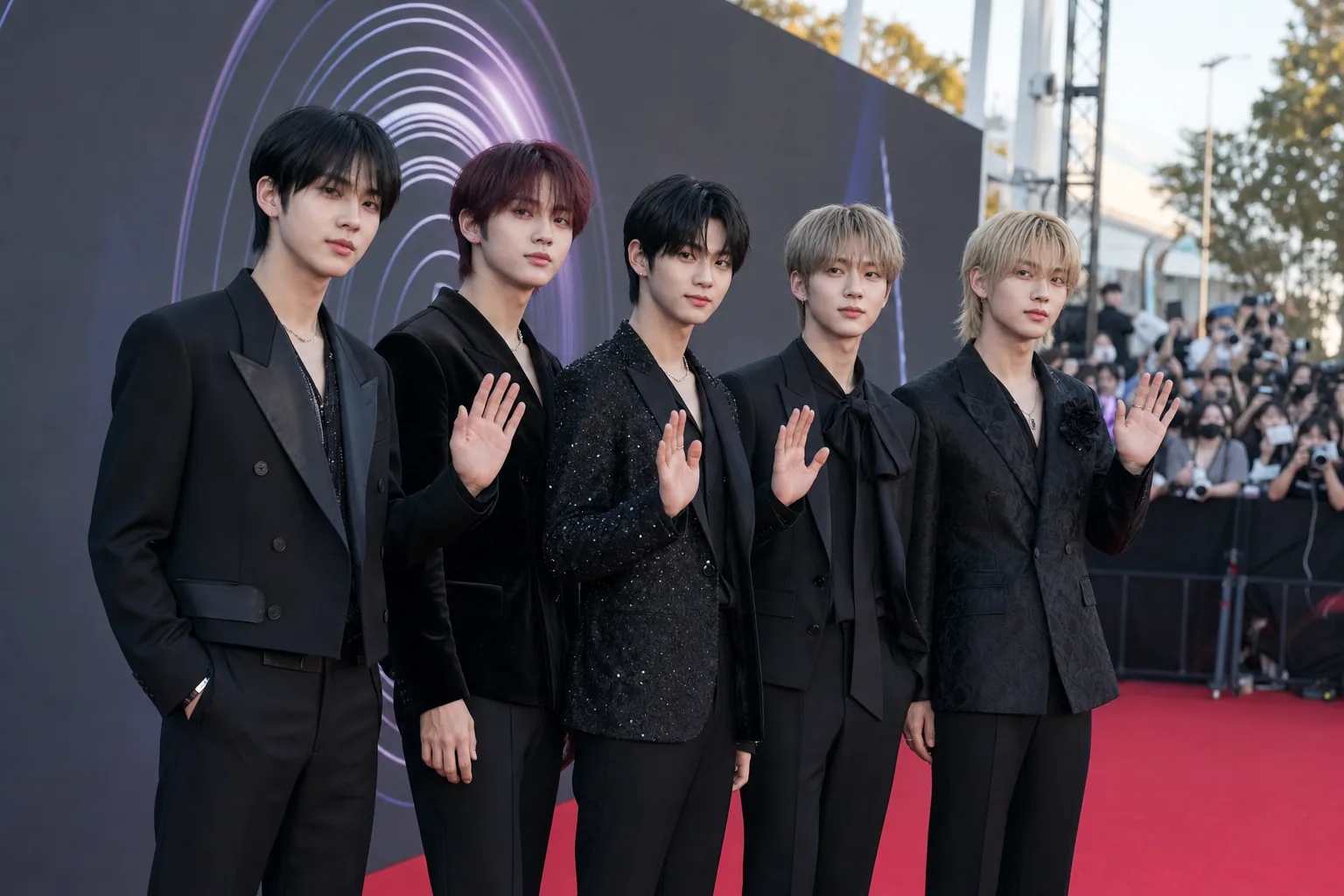 K-pop artists walking a Seoul award show red carpet