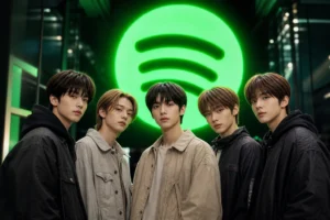 CORTIS Spotify streaming milestone represented by a modern K-pop editorial image
