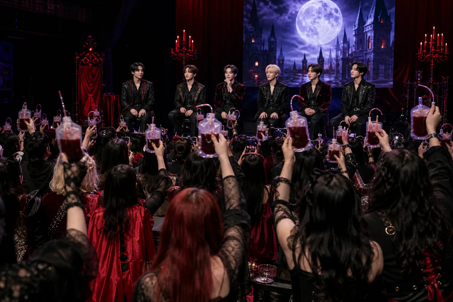 Fans attending a vampire themed ENHYPEN Dark Moon event in San Diego