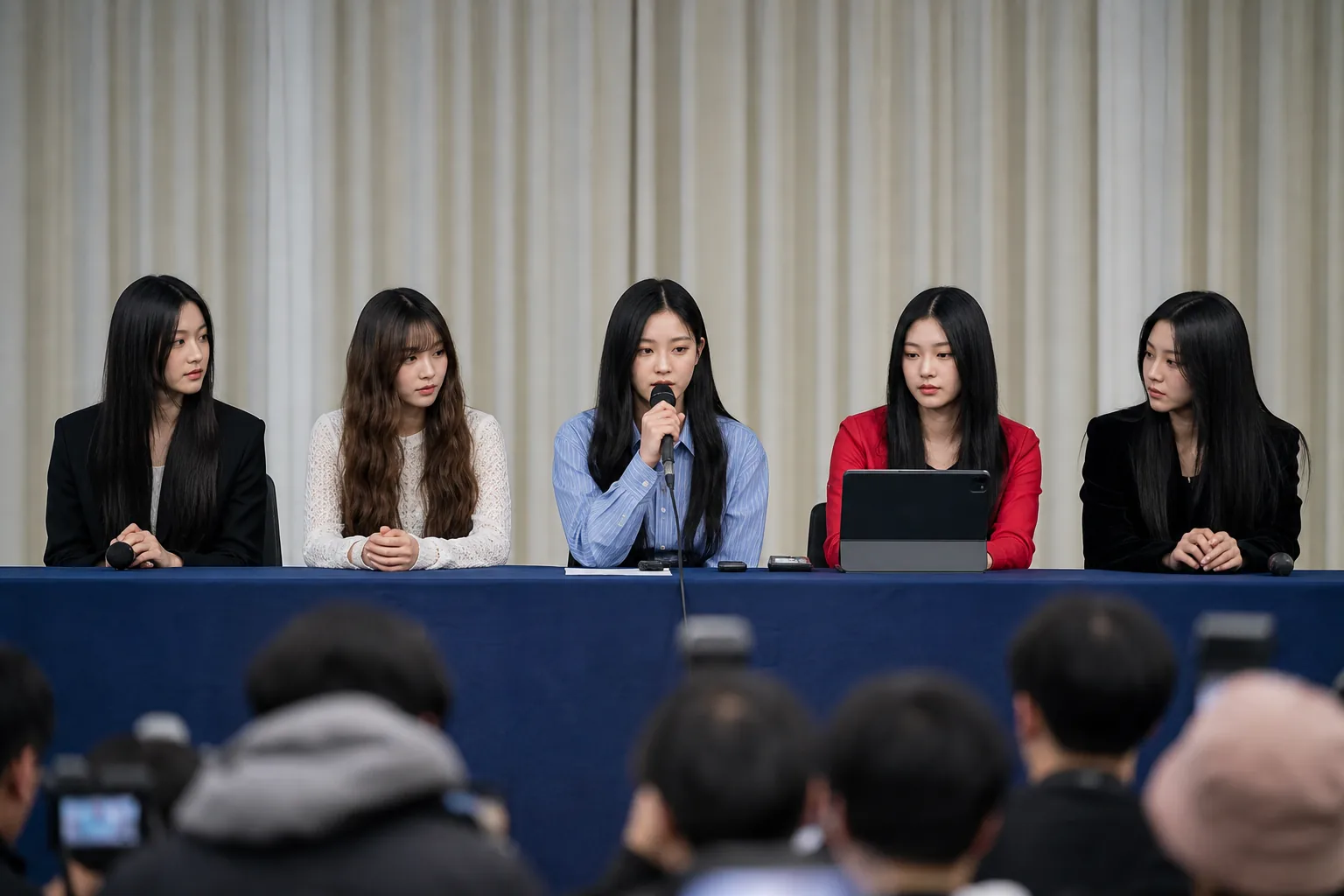 AI editorial image of microphones and cameras at a K-pop media briefing