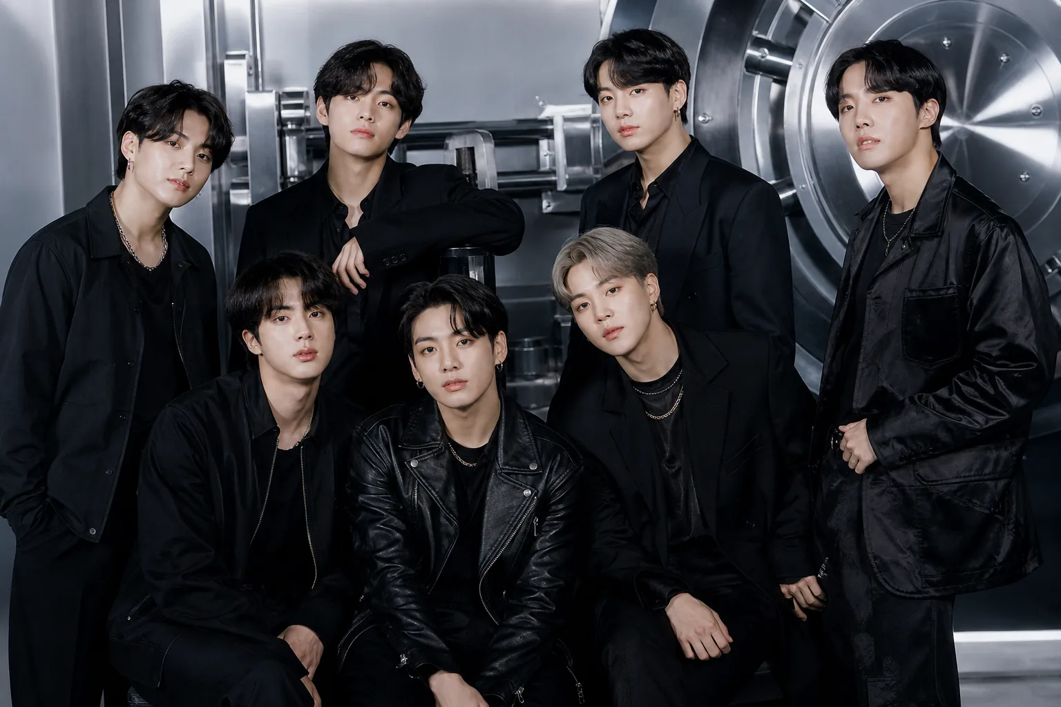 Global K-pop album performance shown through music charts and stage lighting