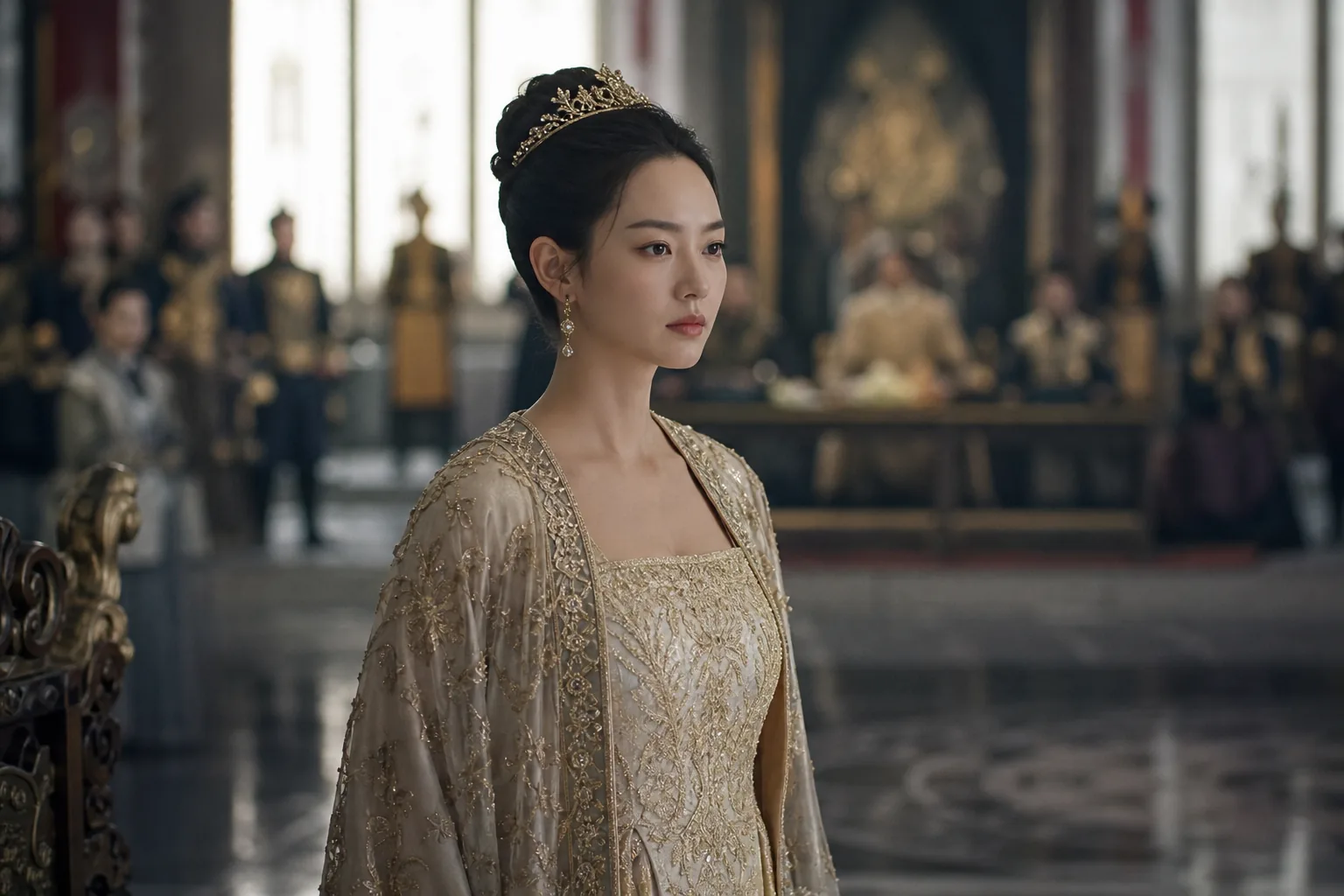 Fantasy royal courtroom scene evoking Navier's decisive poster moment in The Remarried Empress