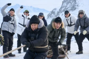 Korean travel variety show cast on a dramatic outdoor journey