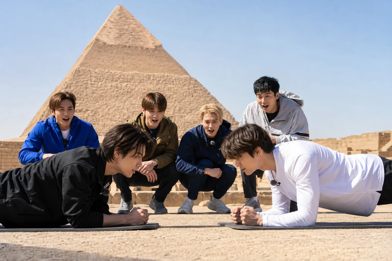 Korean entertainers competing in travel variety challenges near desert landmarks