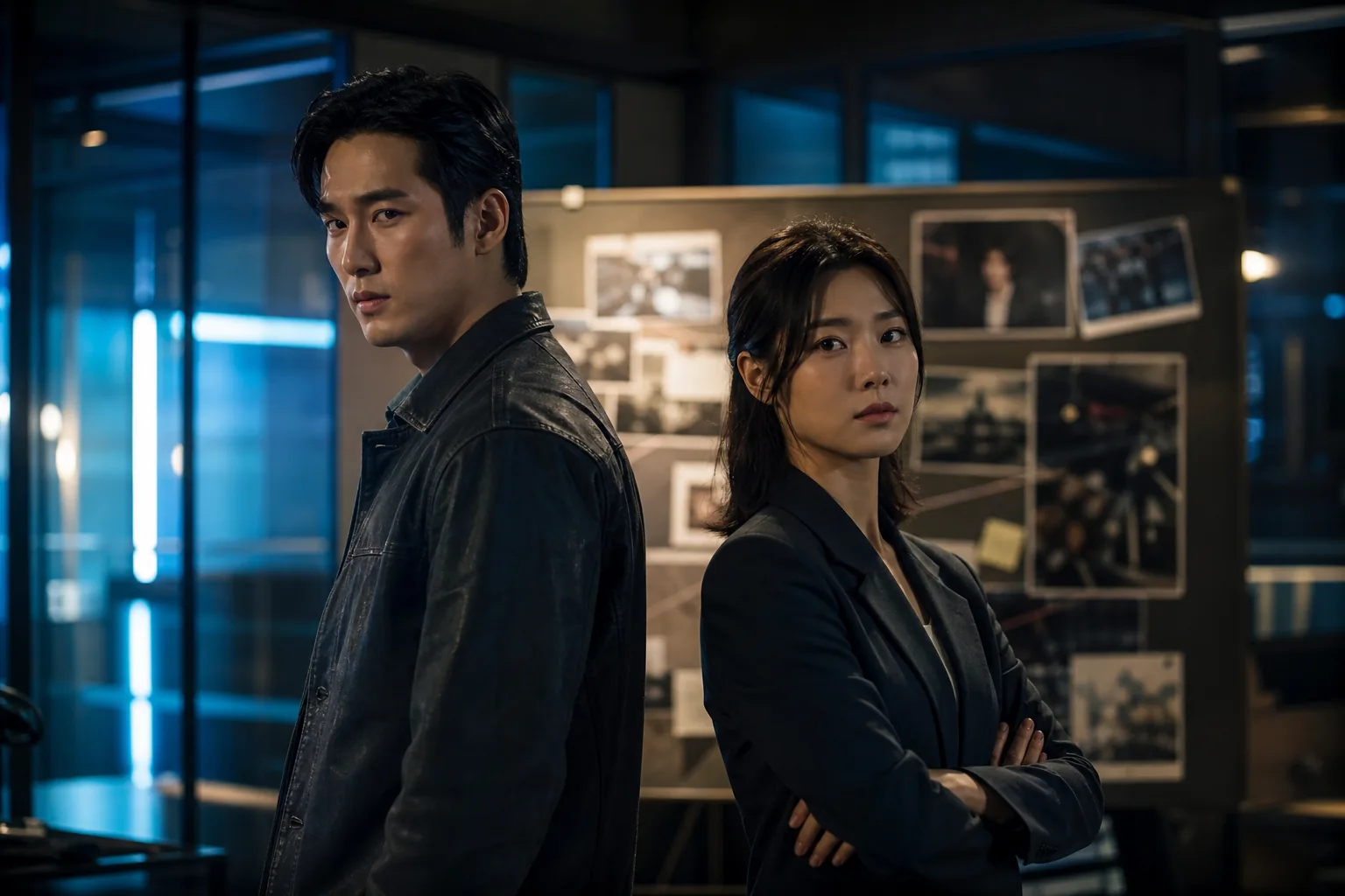 Korean drama production set concept with detectives and city lights
