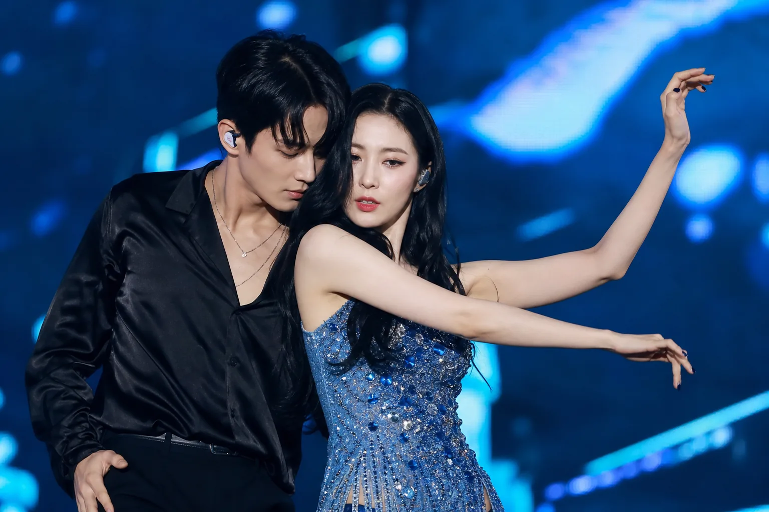 AI editorial image of a summer K-pop concert stage reunion