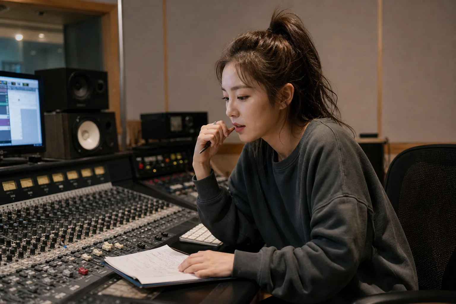 K-pop performer in a modern recording studio reflecting on a long career journey