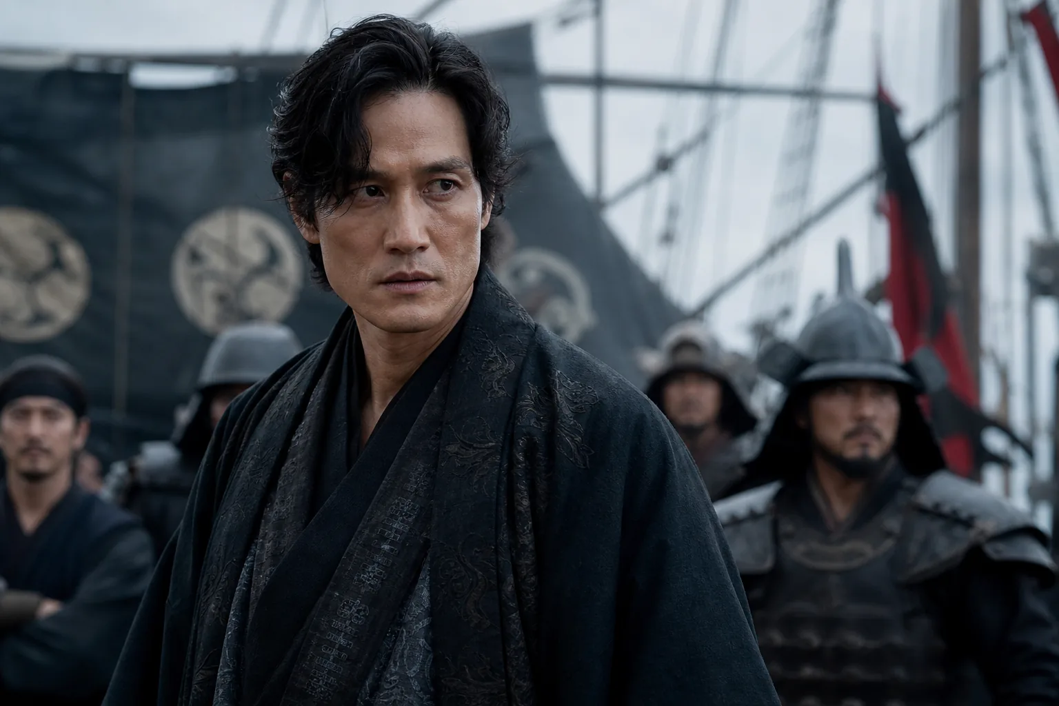 Korean historical action film production concept with warriors at sea