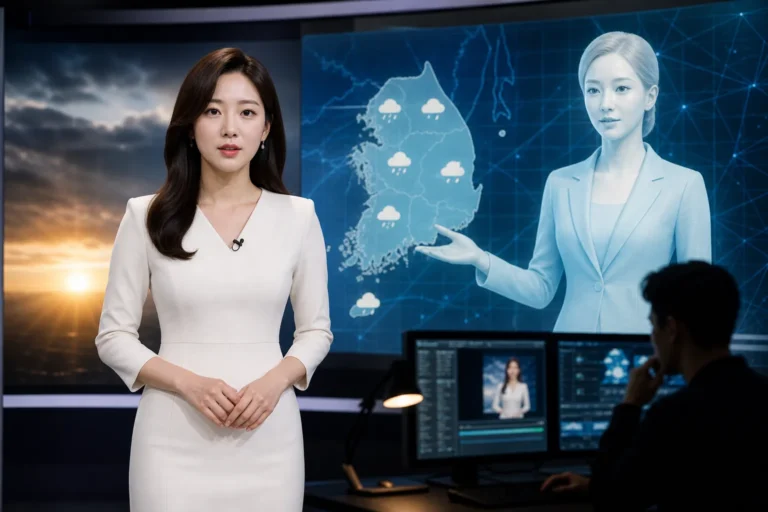 AI weather presenter concept in a Korean broadcasting studio