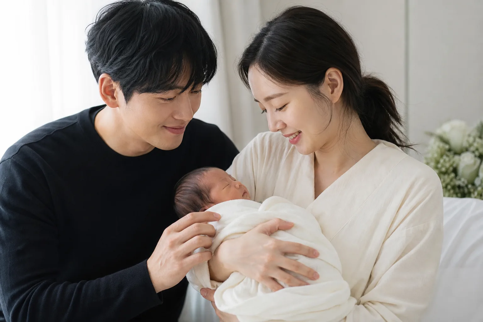 A Korean entertainment couple begins family life after the birth of their first child