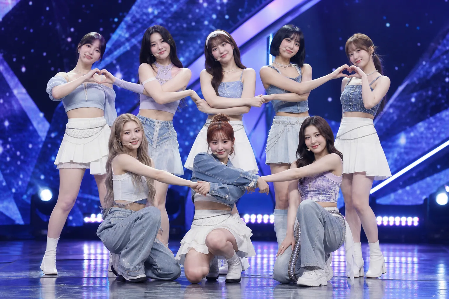 Eight microphone stands on a K-pop stage symbolizing NiziU activities without Rio