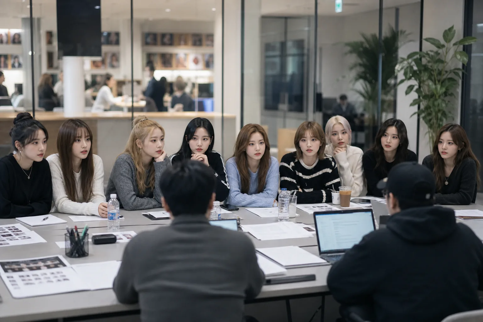 Entertainment agency team reviewing artist management plans