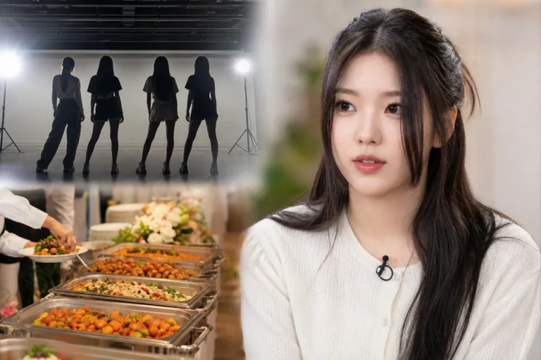 K-pop trainees in a bright rehearsal studio discussing auditions