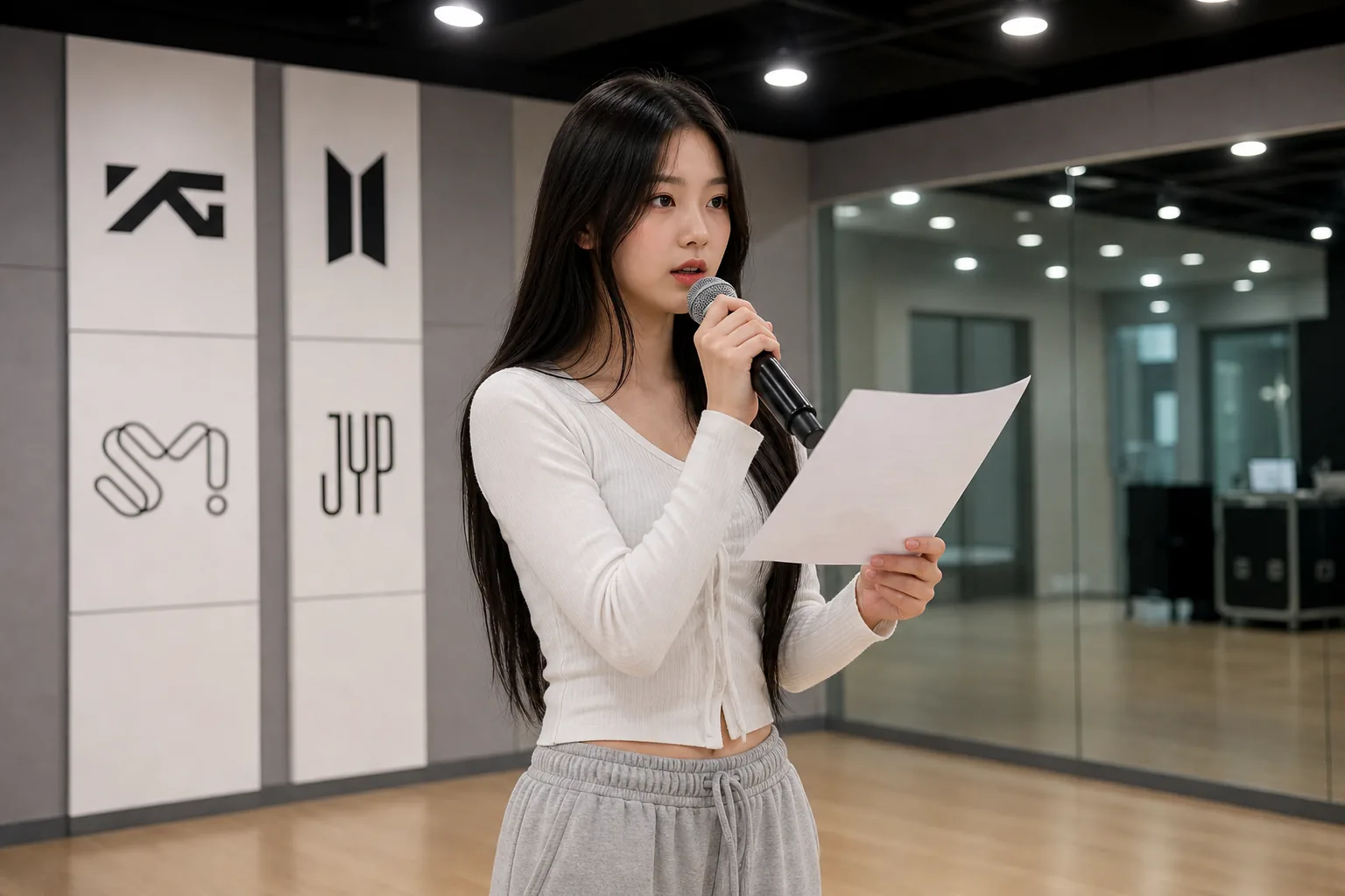 K-pop idols speaking during a relaxed studio talk show interview