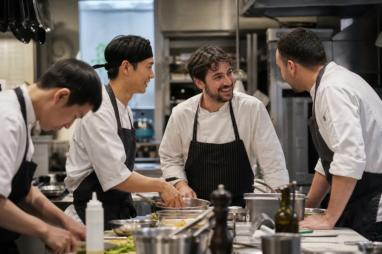 International chefs collaborating in a Korean restaurant kitchen