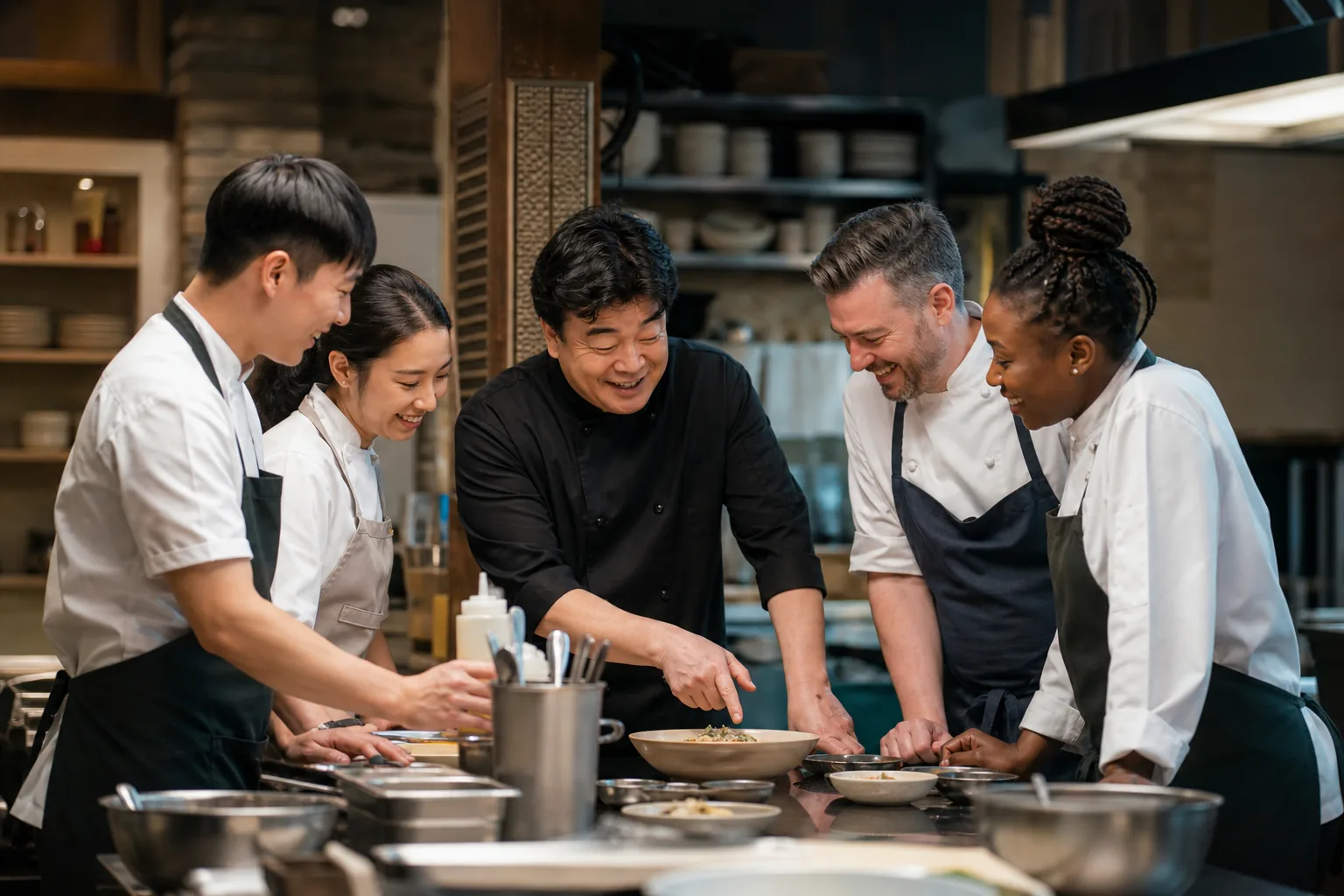 Television production team filming chefs during a culinary travel program