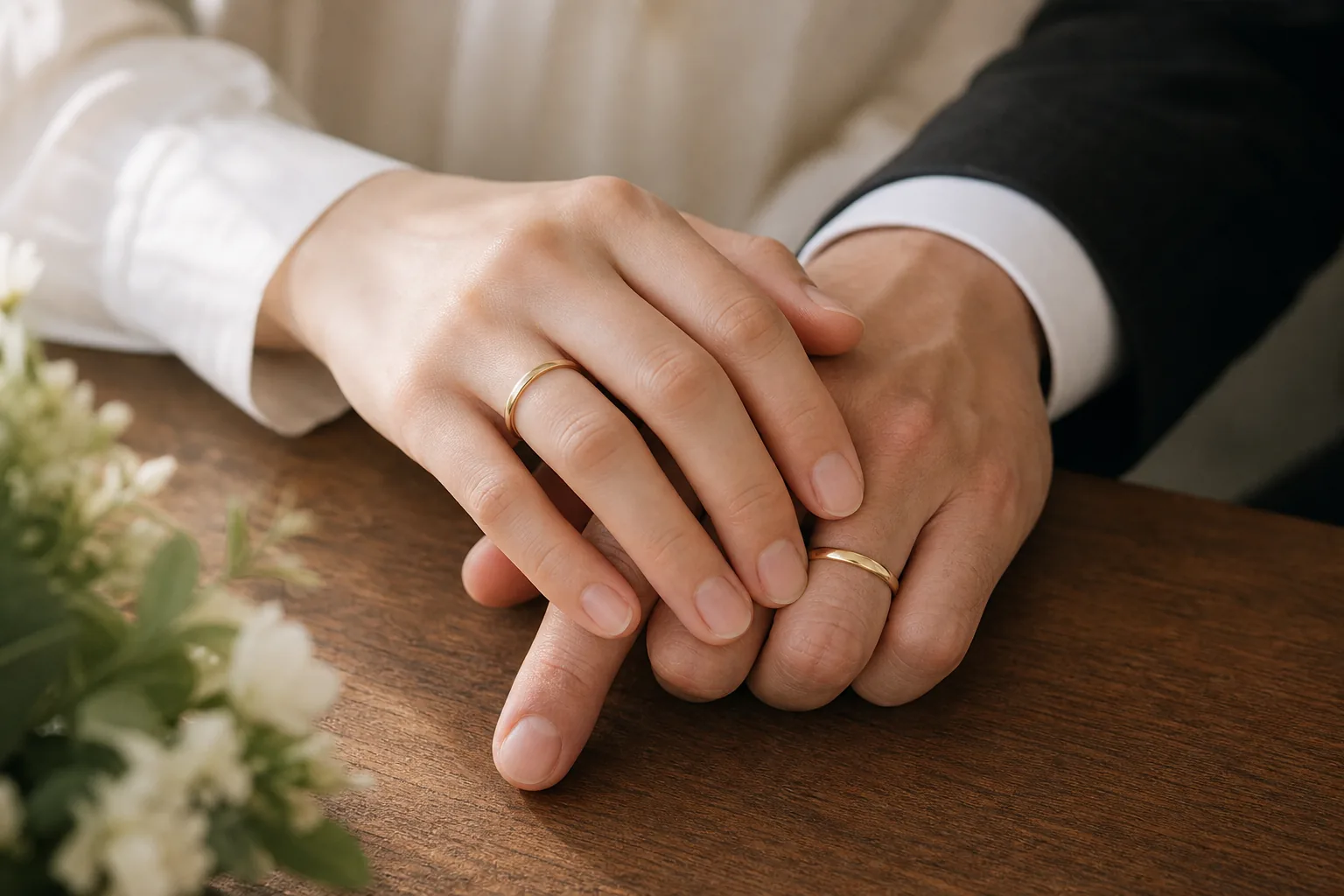 Handwritten marriage announcement beside wedding rings for Korean entertainment news