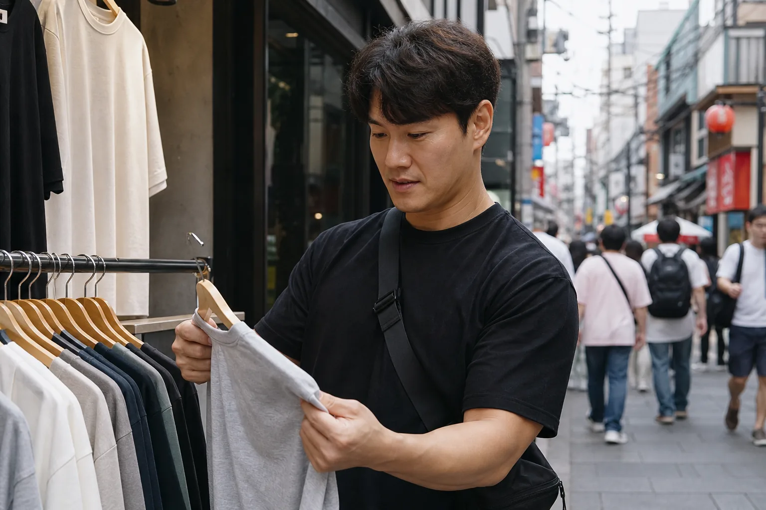Modern shopping street scene representing Kim Jong Kook avoiding unnecessary purchases