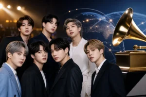Editorial image representing BTS Grammy decision and music awards debate