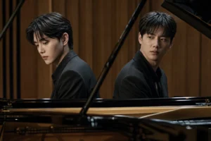 Two young Korean drama pianists seated at a grand piano in a rehearsal room