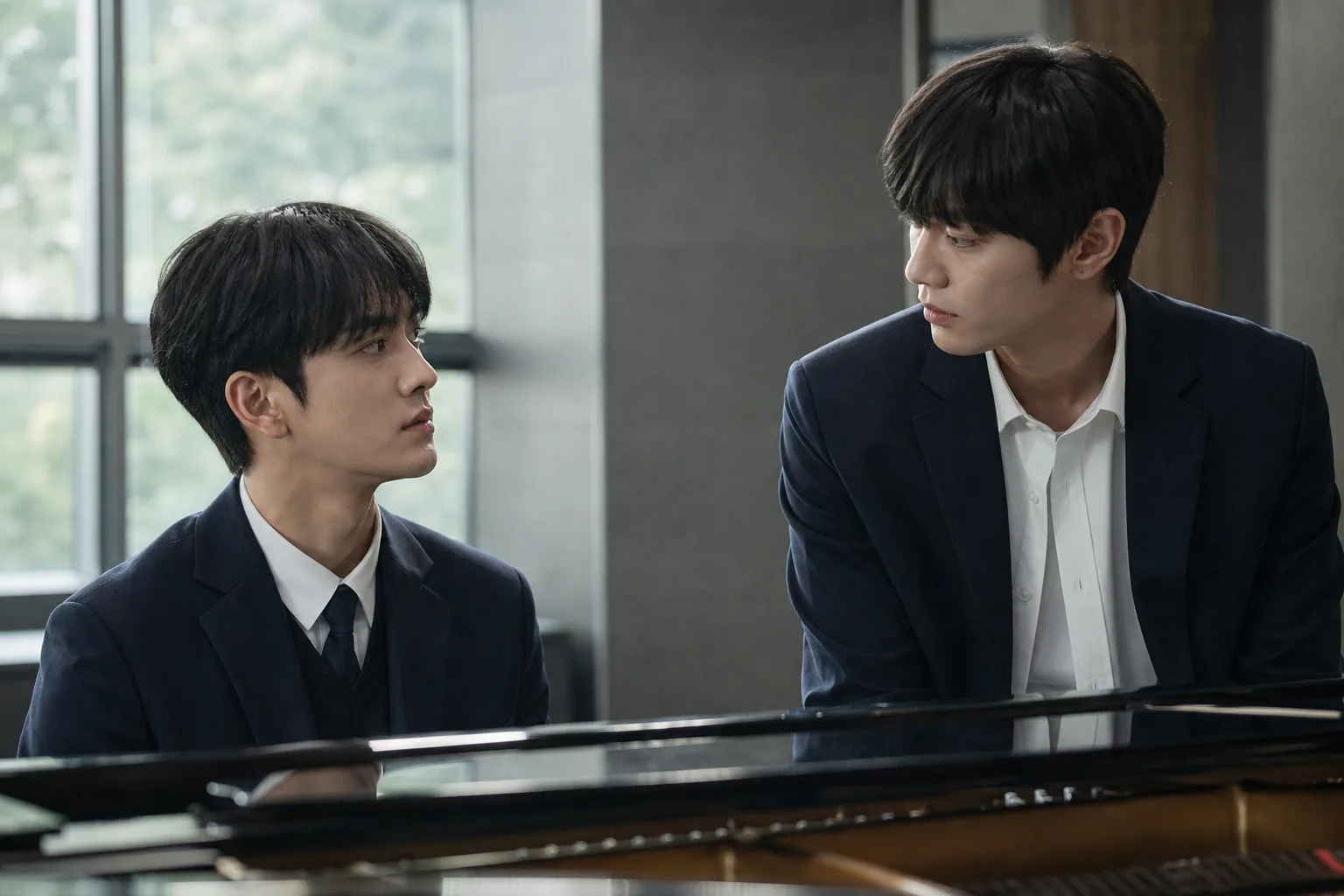 Young pianist practicing intensely in a music classroom for a Korean drama story
