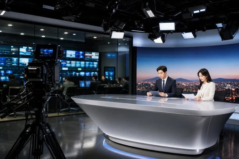 Modern Korean broadcast studio representing JTBC management restructuring news