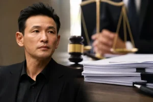 Court documents and media microphones representing Hwang Jung Min legal dispute