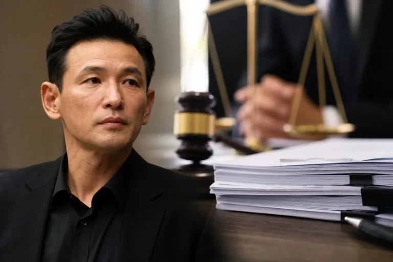 Court documents and media microphones representing Hwang Jung Min legal dispute