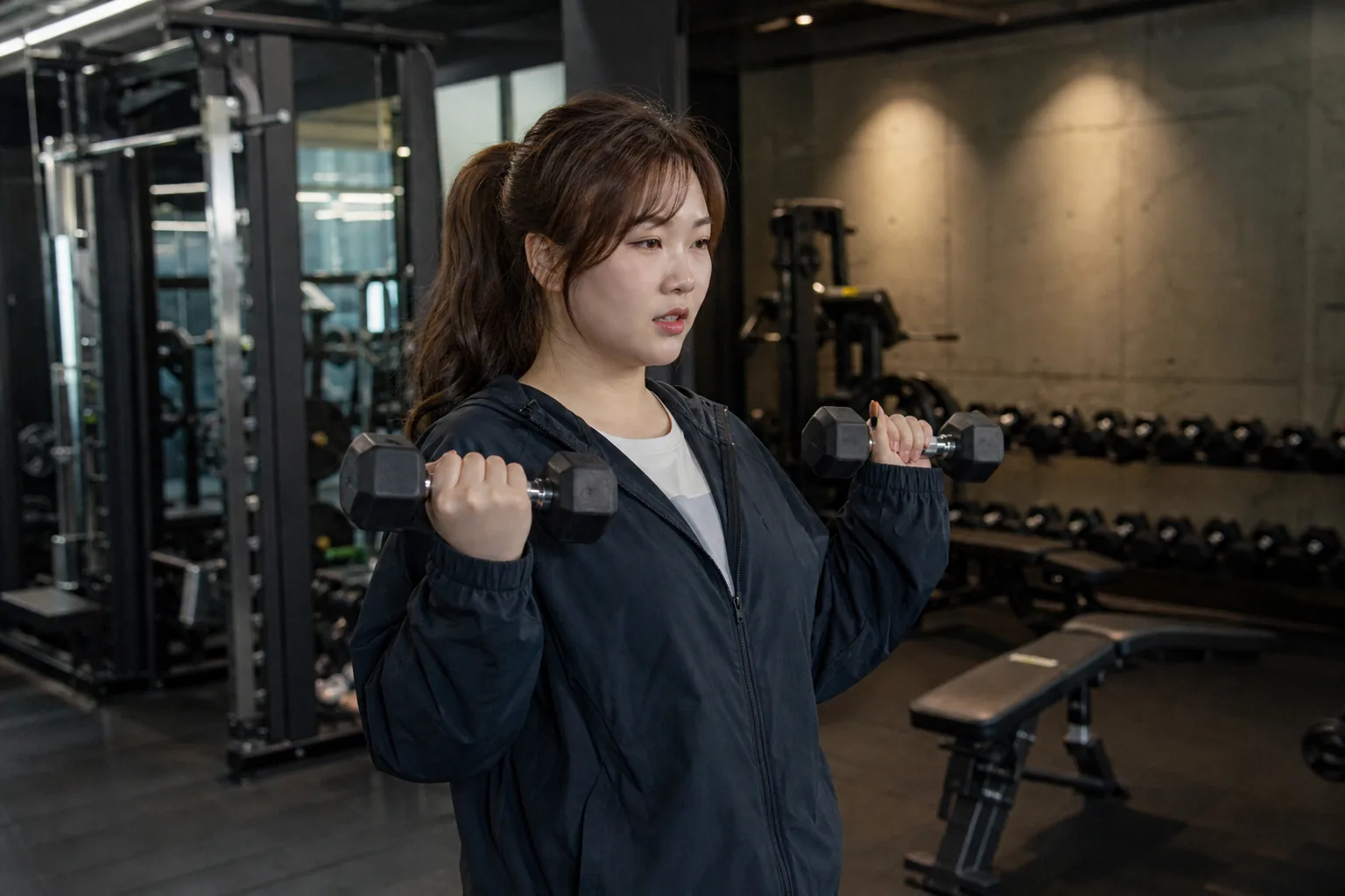 AI-generated editorial image of a singer training in a clean fitness studio