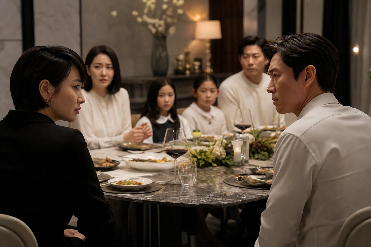 Family dinner tension and secrets in a Korean drama storyline