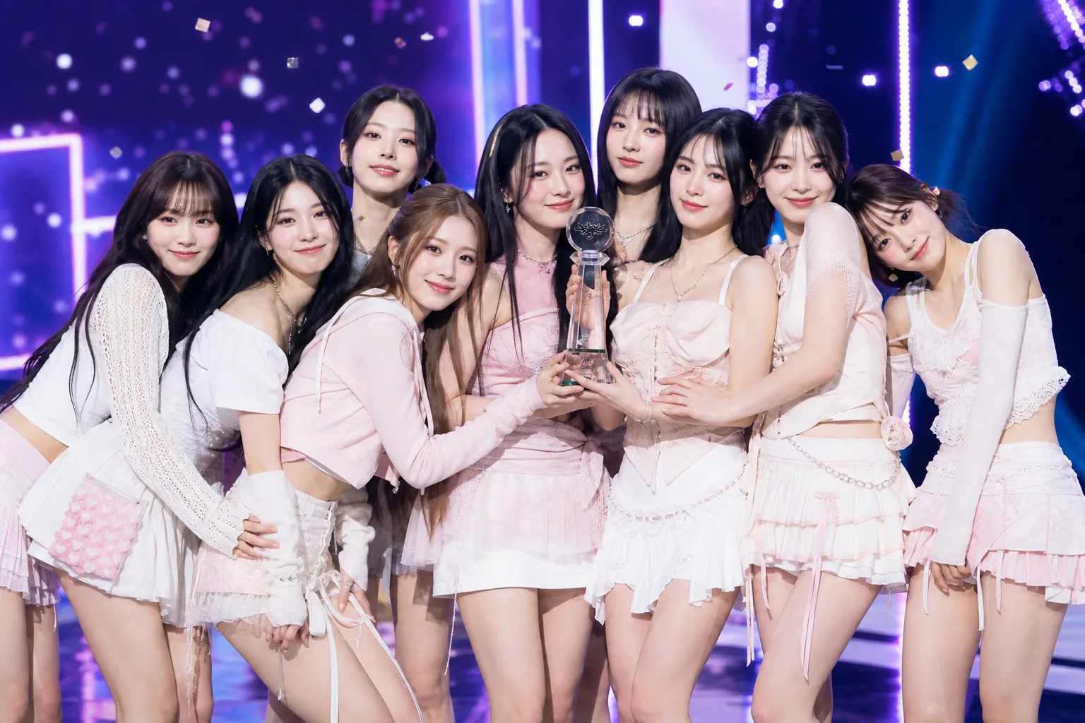 K-pop group celebrating a music show trophy after a comeback stage