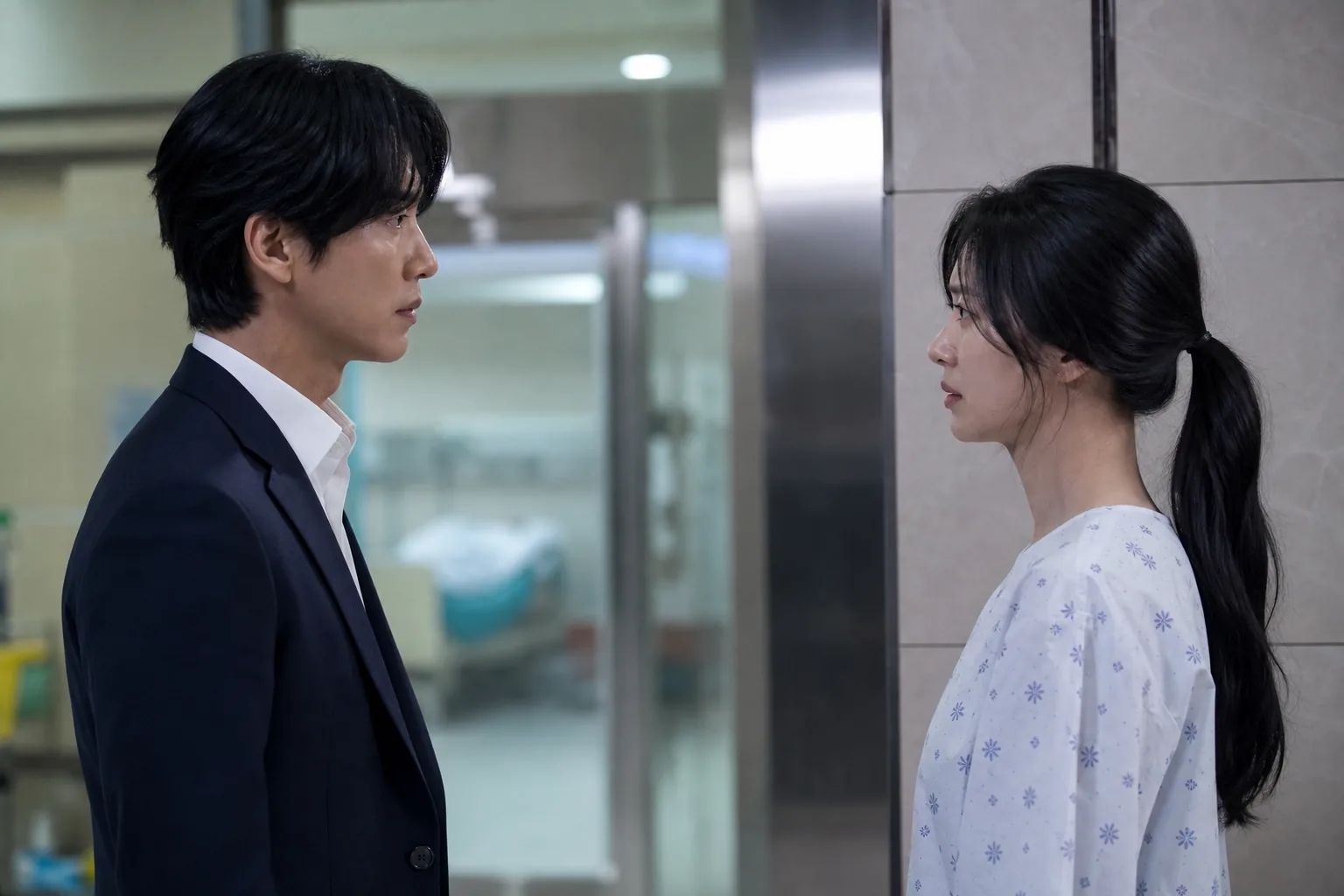 Dramatic hospital corridor reflecting a Korean thriller confrontation
