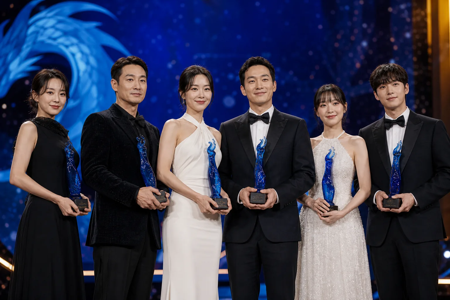 Korean entertainment stars arriving at an awards ceremony red carpet