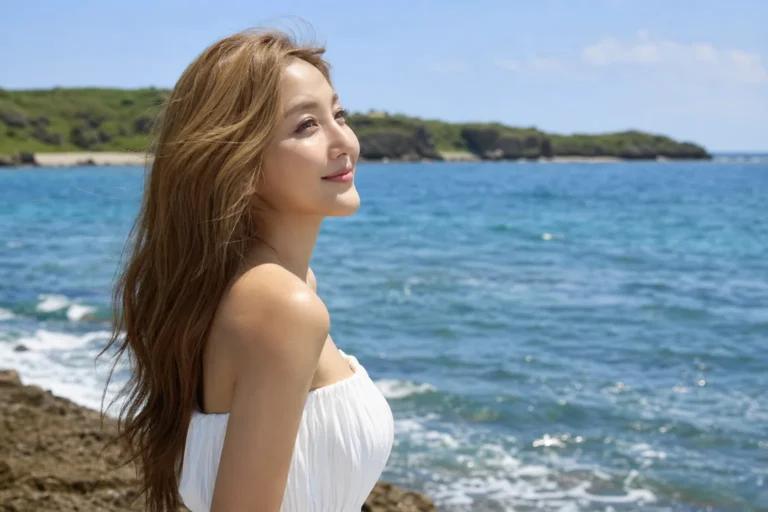 Editorial seaside portrait inspired by veteran K-pop singer Bada's new summer photographs