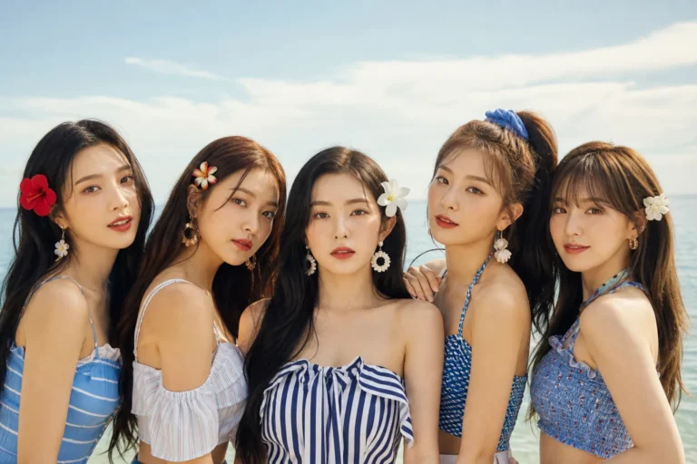 Editorial illustration of a polished K-pop summer comeback concept with ocean-inspired lighting