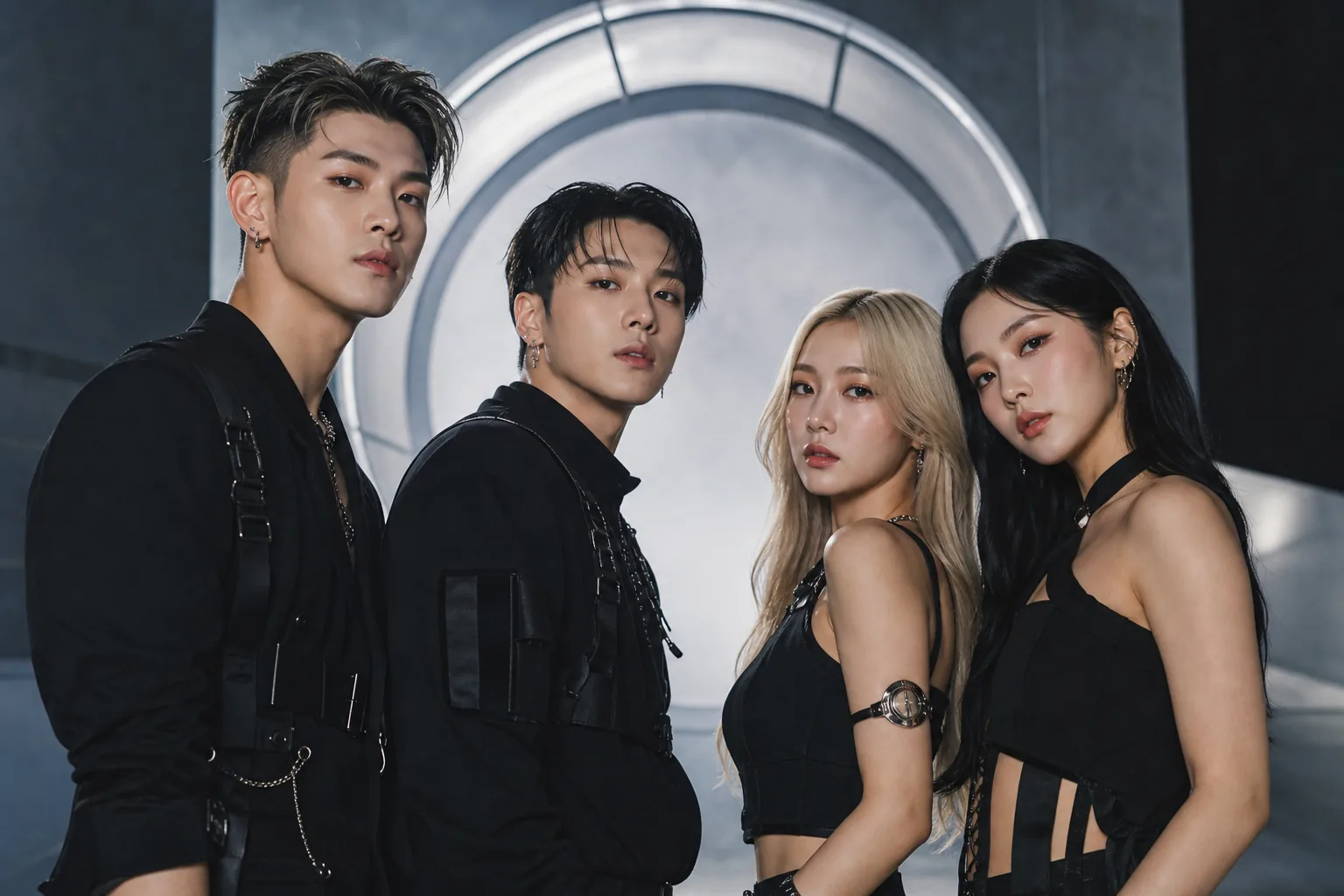 Editorial visualization of a mixed-gender K-pop group preparing for a new music release