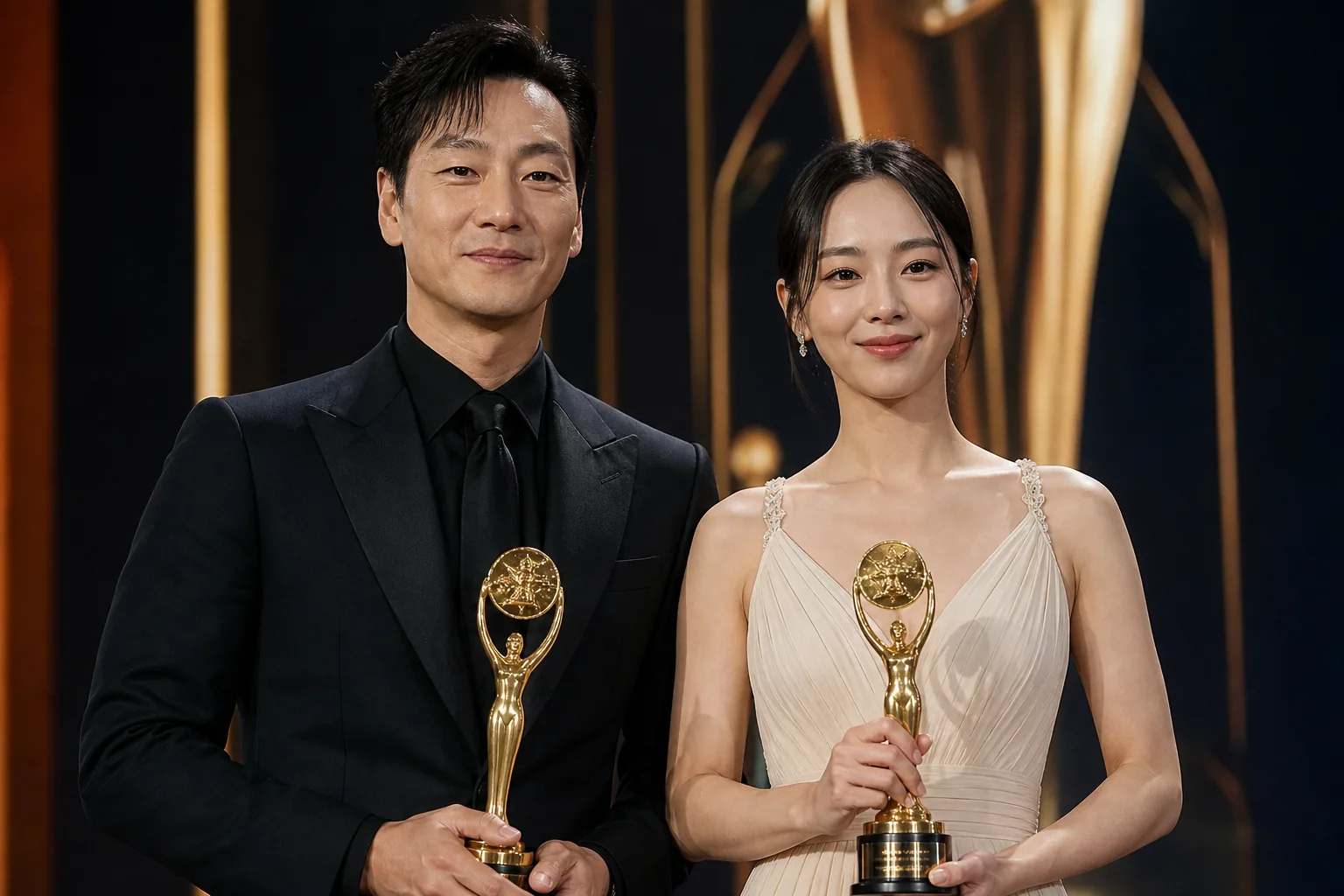Modern Korean streaming drama awards venue with audience and stage lights