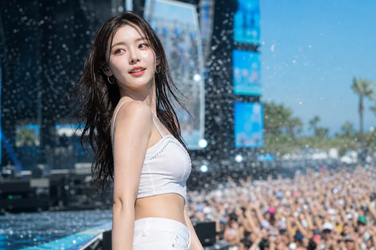 Summer music festival stage with water effects and concert lights