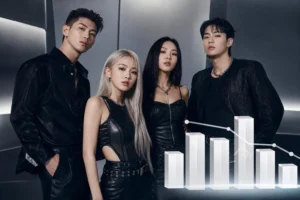 Editorial image of a K-pop album display with a contemporary Korean pop atmosphere