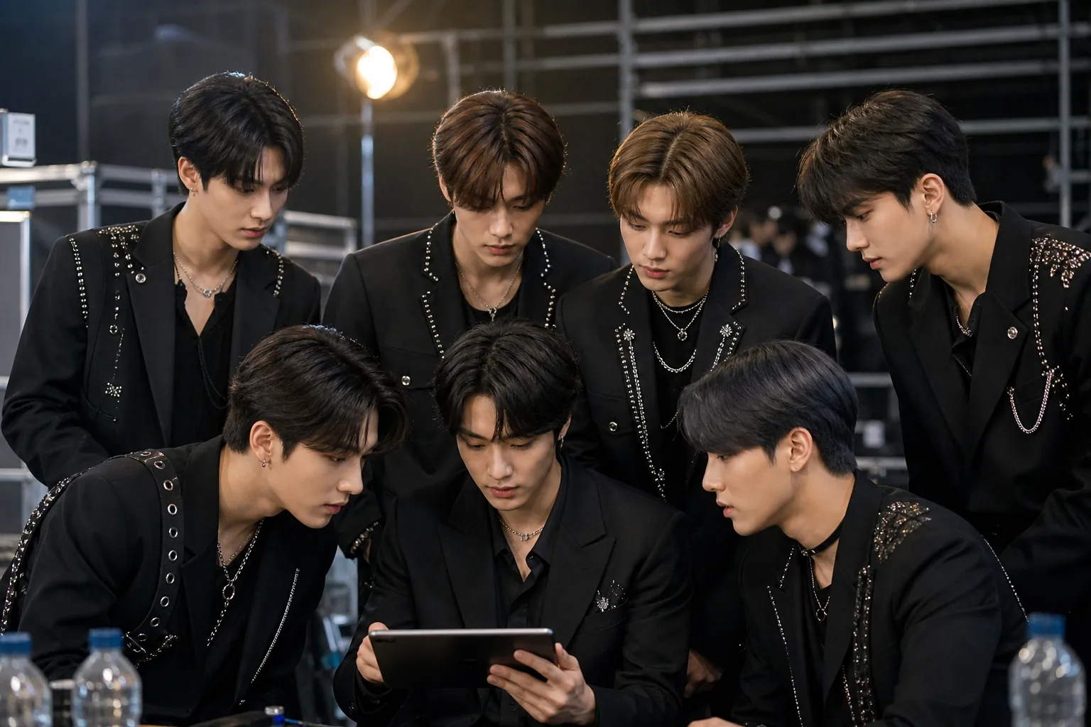 Two K-pop idol actors rehearsing a scene on a drama set